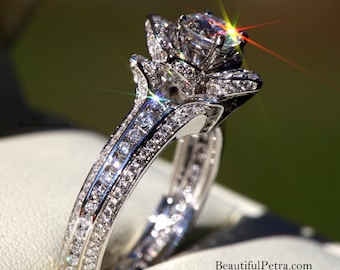 unique flower rose diamond engagement or right hand ring 225 carat 14k white gold - Rose Wedding Ring unique flower rose diamond engagement or right hand ring 225 carat 14k white gold - Rose Wedding Ring