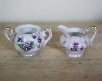 vintage lefton creamer and sugar bowl violet pattern