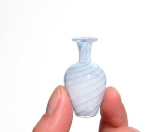 Miniature Vase in Pale Blue Stripes, Hand Blown Glass