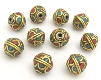 4 beads - Tibetan brass bead with turquoise and coral inlay - BD720