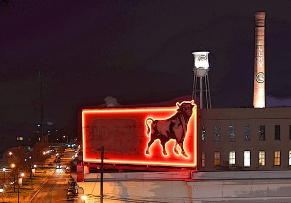  Durham  Bull Neon Sign North Carolina  Night Smokestack Water