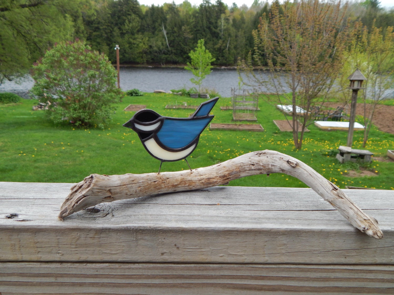 Stained Glass Chickadee on Driftwood by RedfordGlassStudio on Etsy