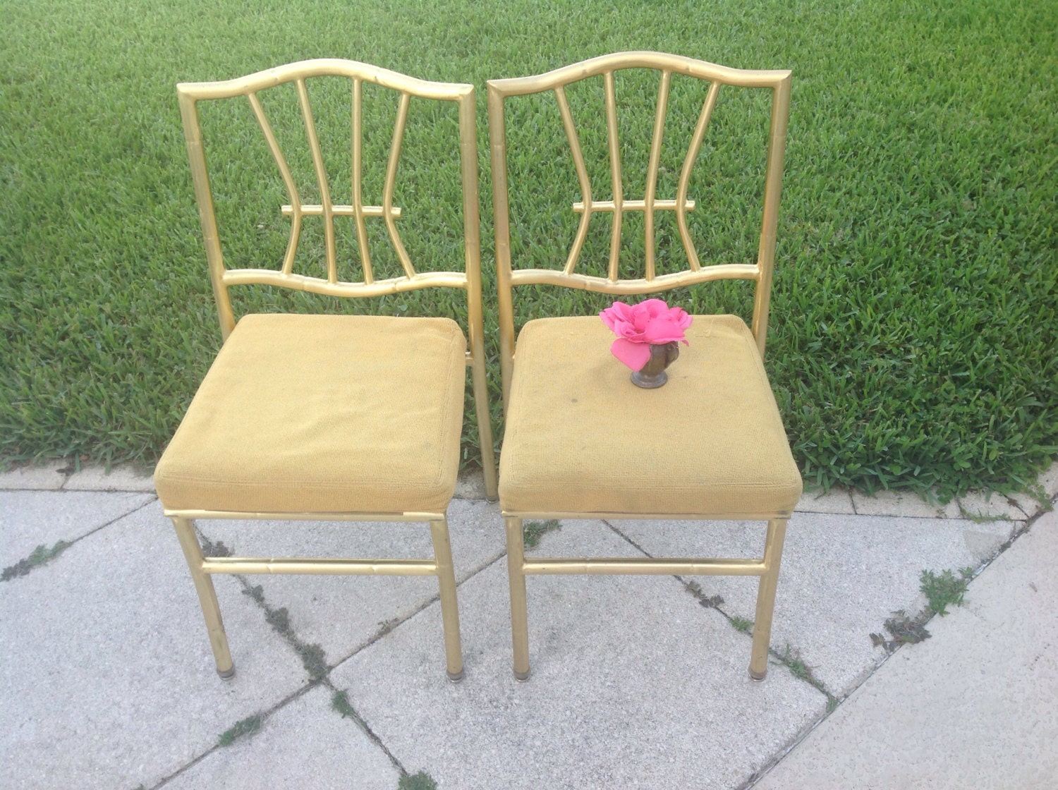 GOLD FAUX BAMBOO Chairs Pair of Metal Gold Chairs Palm Beach Chic Chinoiserie Style at Retro