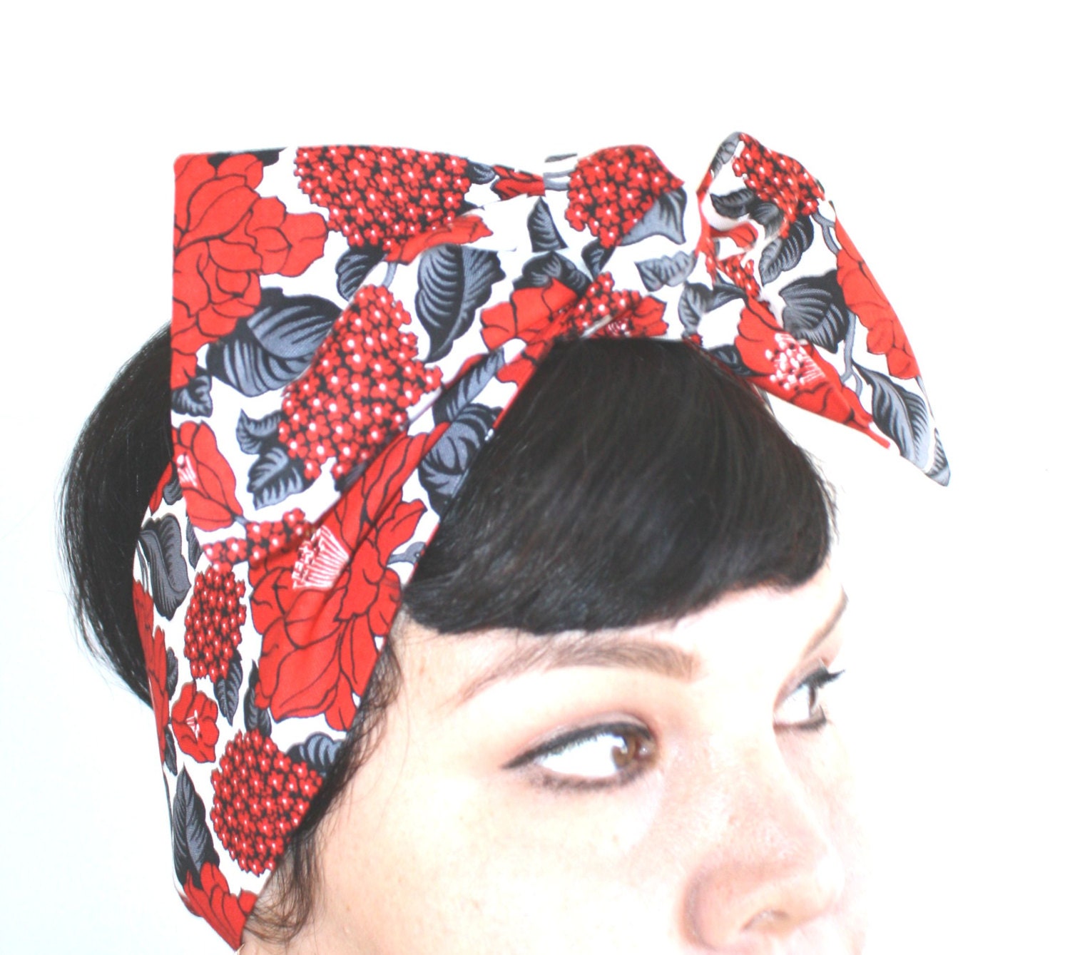 Vintage Inspired Headscarf Head Wrap Red and Grey Floral