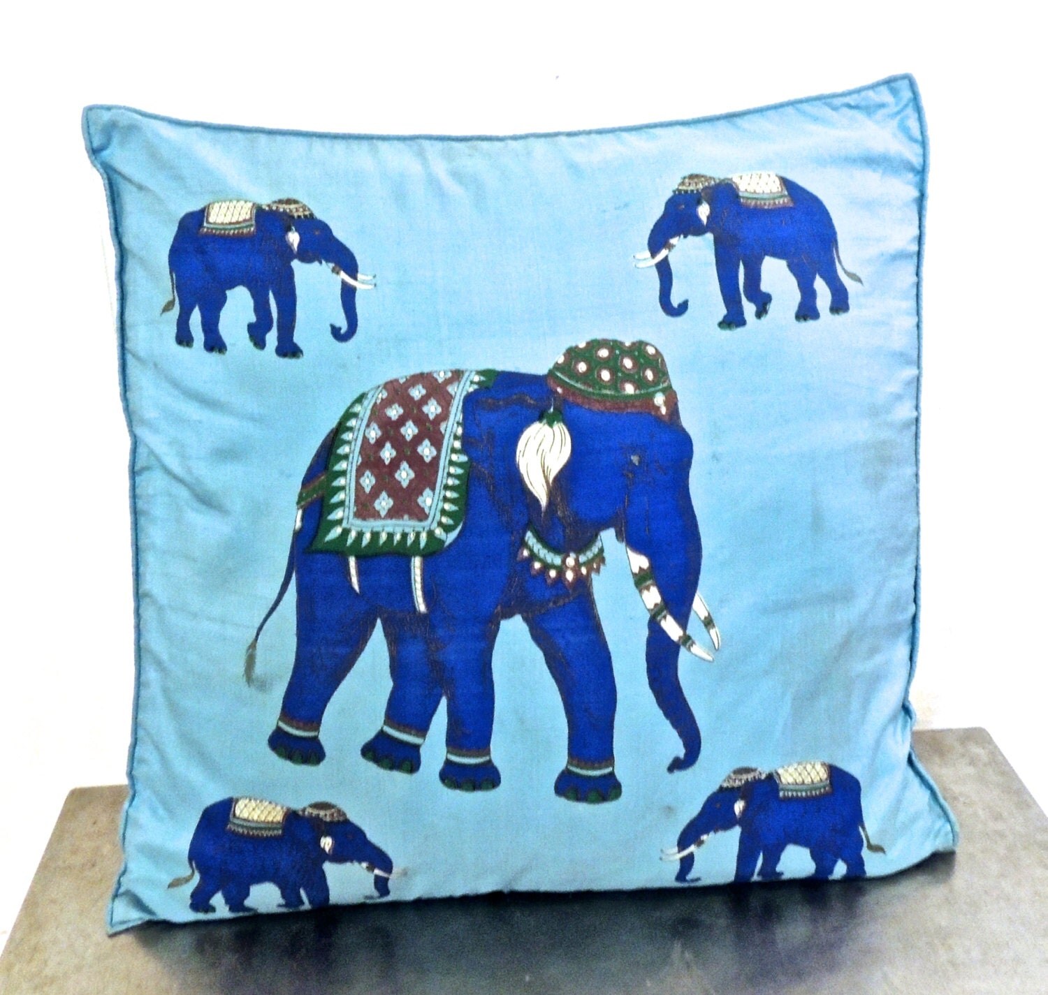 vintage elephant throw pillow 1960s blue silk pillow