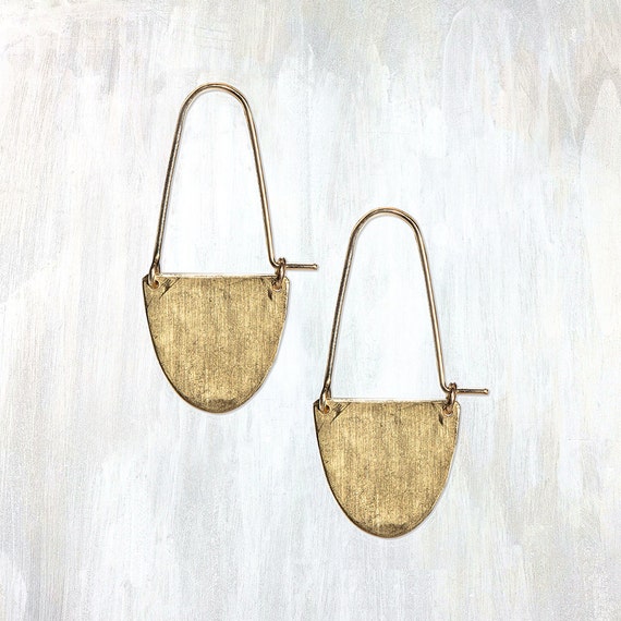 Hammered Brass Half Moon Earring, Half Moon Hoop