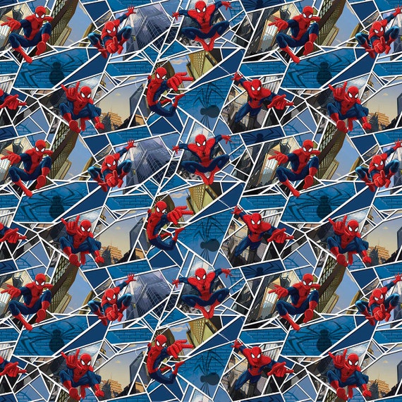1 Yard SPIDERMAN Cotton Fabric Panes Blue Spider Man BTY