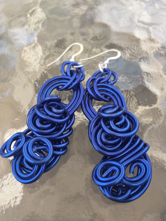 Big Royal Blue Earrings Wire Wrapped Earrings Large Light