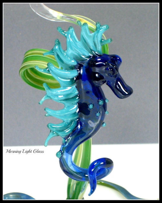 Cobalt Blue Glass Seahorse Sculpture Flamework Art Glass Sealife