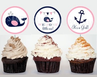 Nautical Whale Baby Shower Decorations Cupcake Toppers Printable file Pink Insert It's a girl Anchor Instant Download