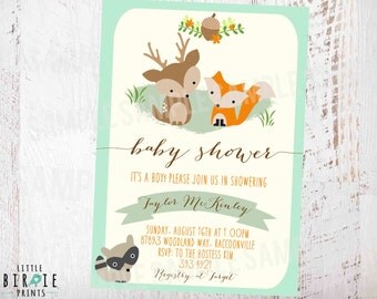WOODLAND Baby Shower Invitation Mint Gender Neutral Invitation Fox Deer Raccoon Rustic Style Invitation Woodland Flowers Forest