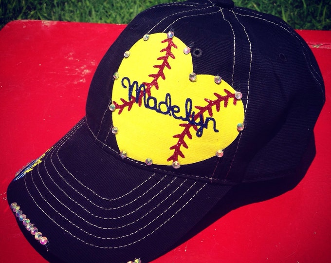 Softball Heart on Baseball Trucker Cadet Cap, Hat for Women, Accessories for her, Womens Rhinestone Cap Hat, Team Mom, Embellished Cap