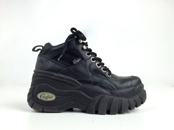 90's Candies Black Leather Platform Wedge Lace Up Sneakers
