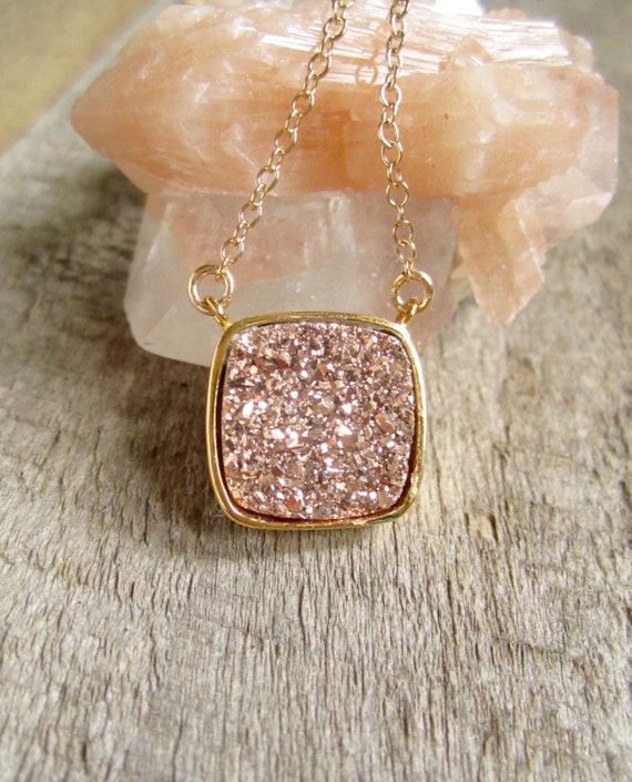 Large Square Rose Gold Druzy Necklace
