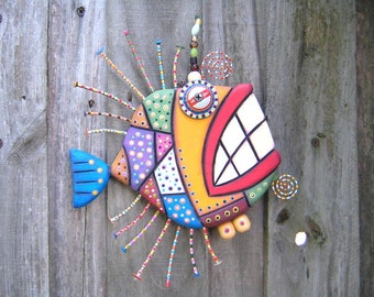Mosaic Fish, MADE to ORDER, Original Found Object Sculpture, Wall Art, Wood Carving, Wall Decor, by Fig Jam Studio