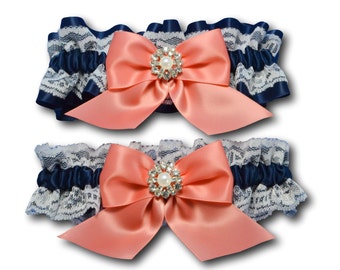 Wedding garters - bridal garters - navy blue satin and white lace garter set with coral bow and crystal pearl charm rhinestones - blue coral