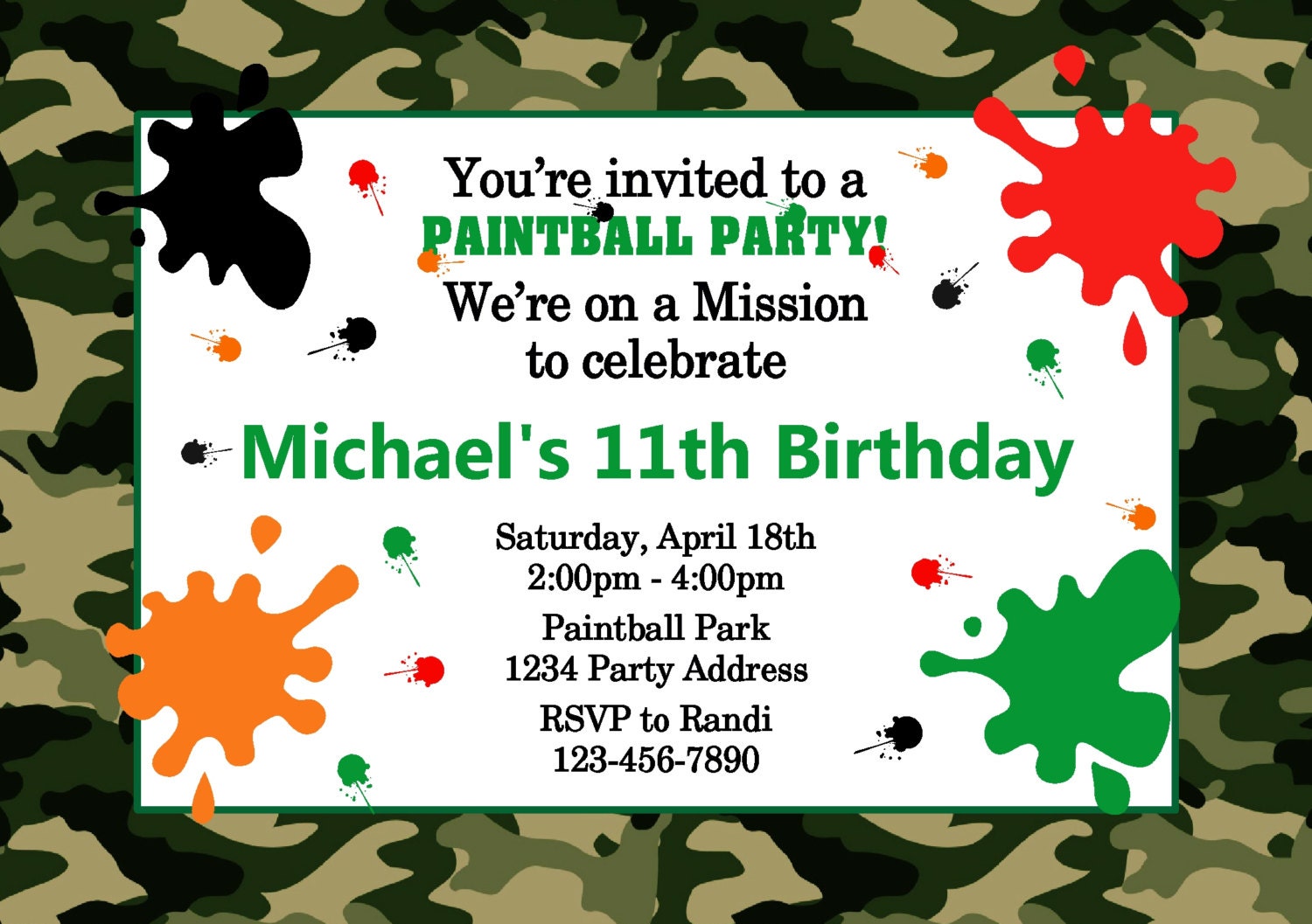 Paintball Invitation Camouflage Paintball Birthday Party