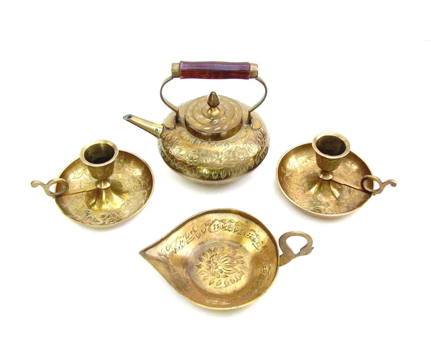 Vintage Brass Tea Set Etched Brass Teapot India Ceremonial Tea