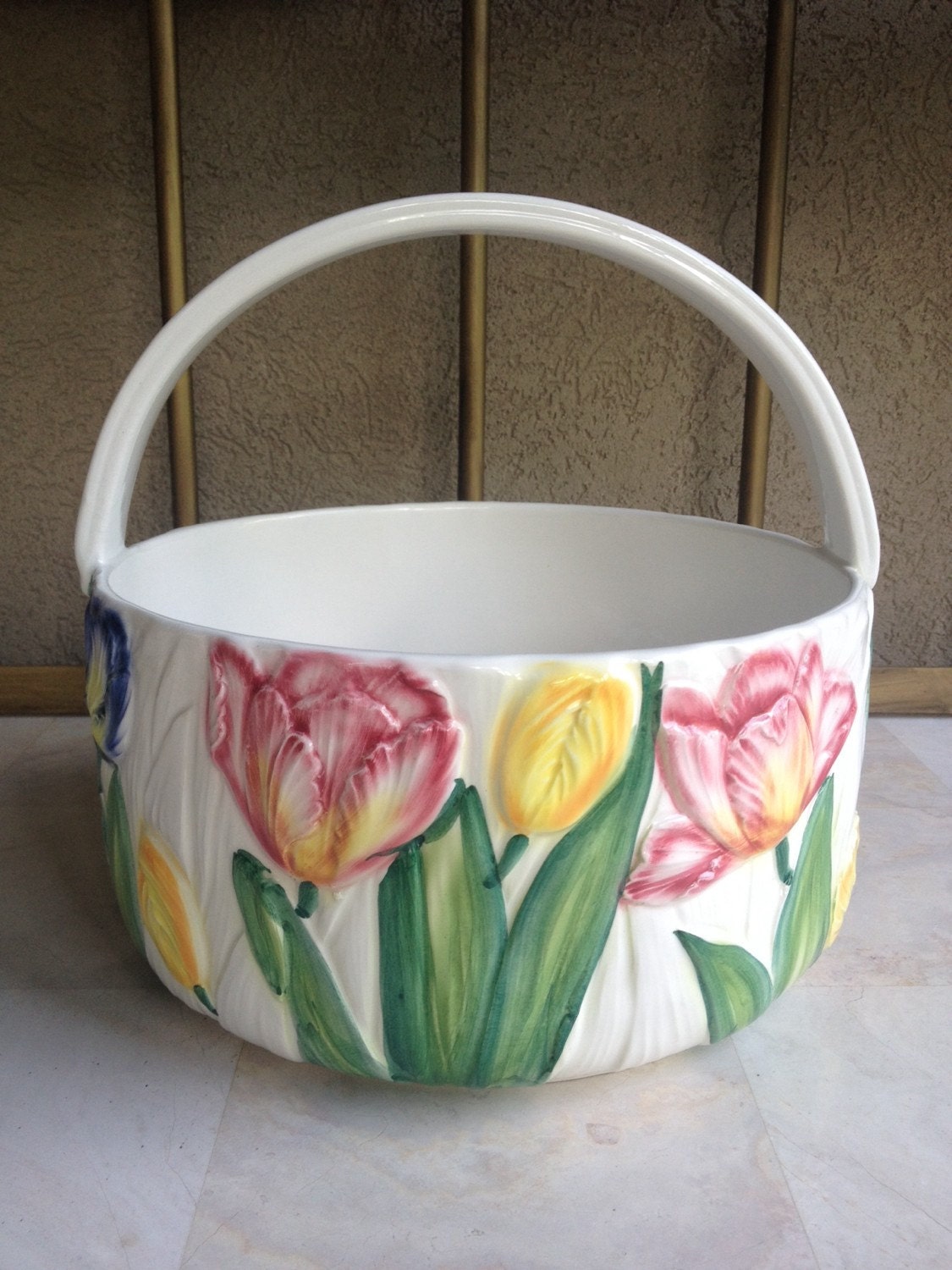 Large Vintage Tulip Basket Hand Painted Ceramic by MyVintageAlcove