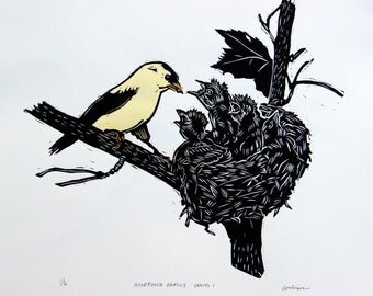 Goldfinch Family woodcut with watercolor