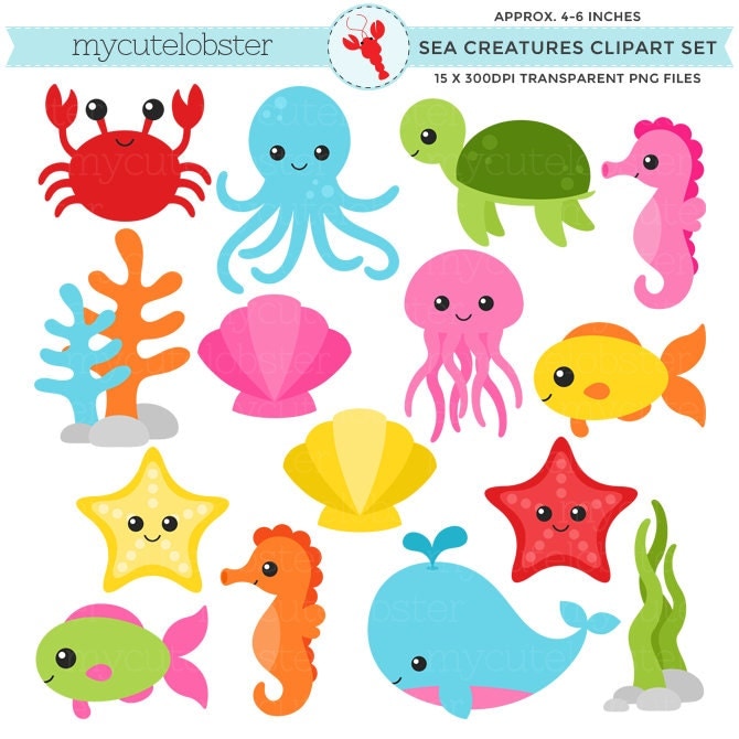 Sea Creatures Clipart Set sea animals by mycutelobsterdesigns