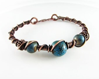 Bangle Bracelet Wire Wrapped Bracelet Blue Ceramic Beads Copper Bracelet Wire Wrapped Jewelry Copper Bangle