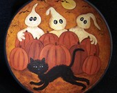 Folk Art Halloween Hand Painted Wood Oval Bowl - MADE TO ORDER - Trick or Treat Bowl -Ghosts in Pumpkin Patch with Black Cat, Maurading Bats