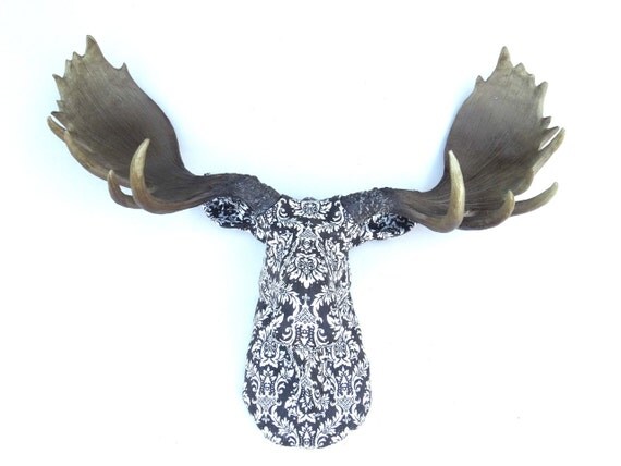 Tissu Moose Head - marron et blanc tissu damassé Moose Head support mural - FAM0200