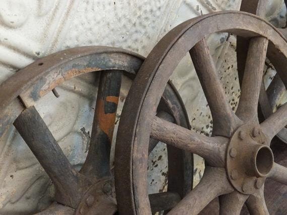 Antique Wooden Wagon Wheels with Metal Rims by TreasuredPrimitives