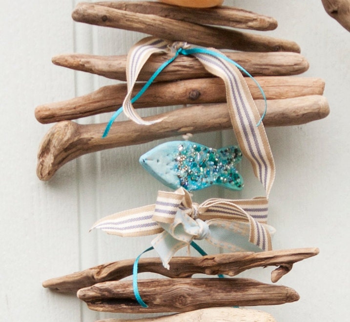 Twisted Driftwood Shell and Fish hanging driftwood wall art