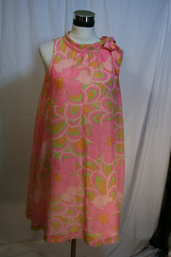 Vintage 60s Tent Dress I.Appel pink floral Bow at Neck 1960s