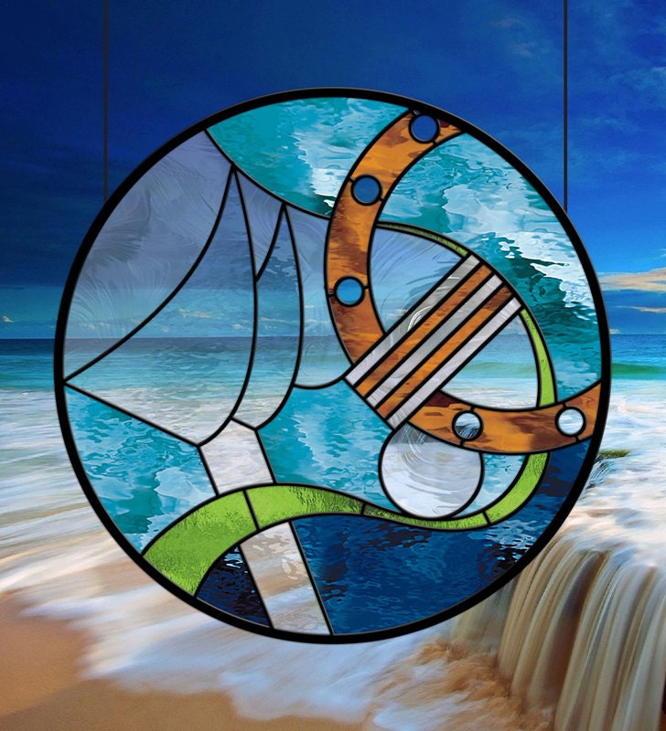 Stained Glass Window Nautical Journey with Aqua Waterglass