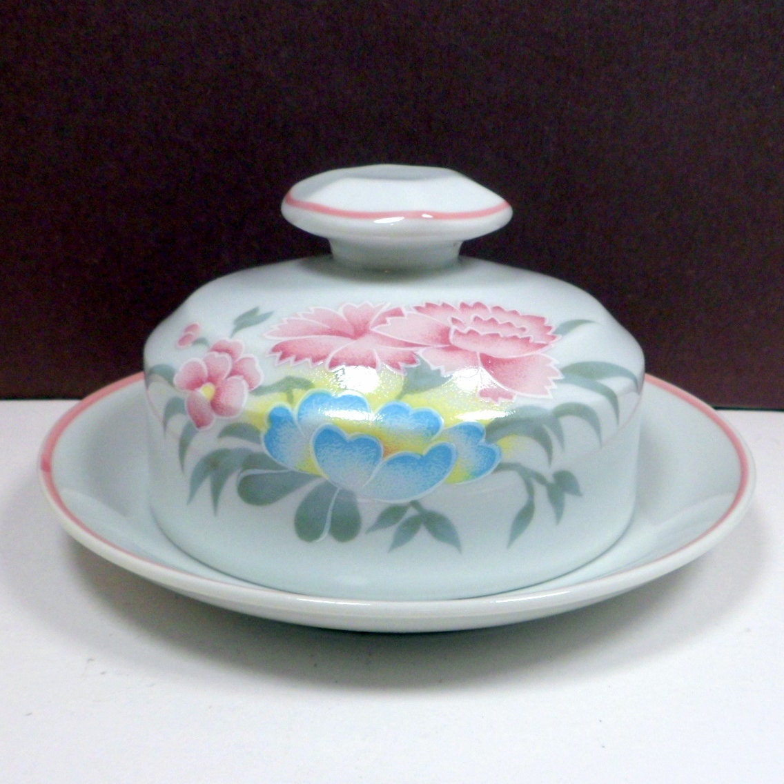 Vintage Schmidt Porcelana Covered Butter Dish Pink Blue Flowers Server ...