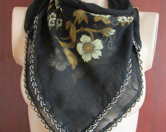 Black Grandmother SHAWL, Cream Floral Cotton Scarf,Bridal Scarf,Authentic, Romantic, Fashion, 1985s Vintage Scarf