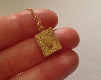 Gold Locket Necklace - Gold Locket Necklace with Gold Fill Chain -Gold Book Locket - A Lovely Gift