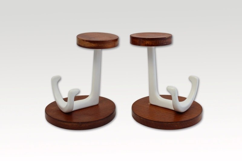 Vintage Coat Hooks Mid Century Coat Rack Wood and porcelain 1960s