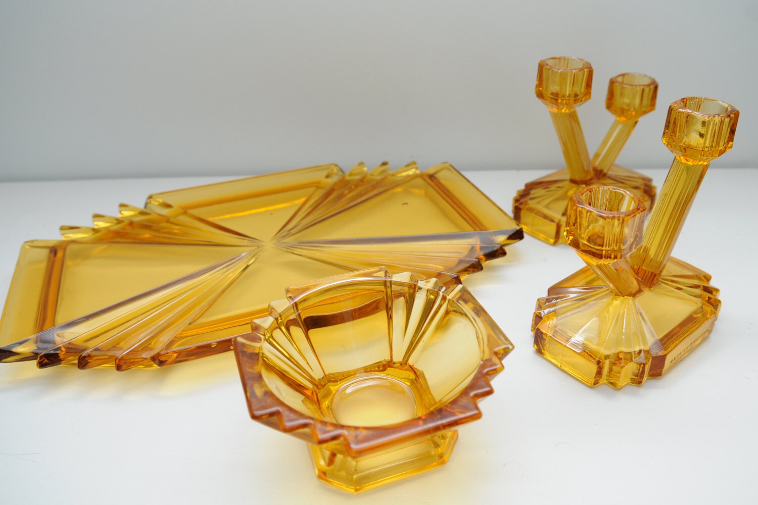 Art Deco Amber Glass Dressing Table Set by VivaVivaVintage