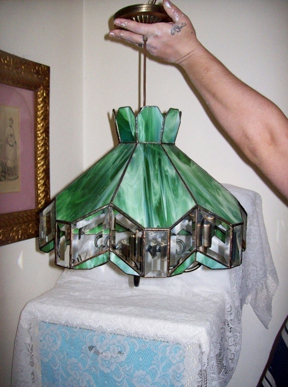 Vintage Green Slag & Bevelled Stain Glass Hanging Lamp