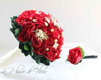 Red Rose Bouquet, Brooch Bouquet, Brooches & Blooms, Silk Flower Wedding Bouquet. Brooch Bouquet. Red roses. Pearl and diamonte jewells