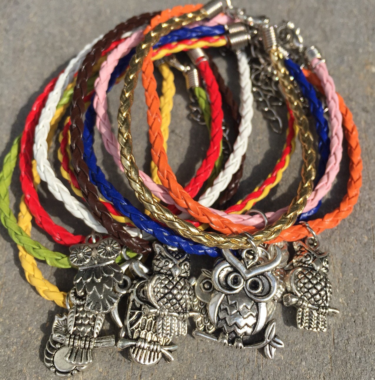 10 Owl Charm Bracelets Assorted Colors