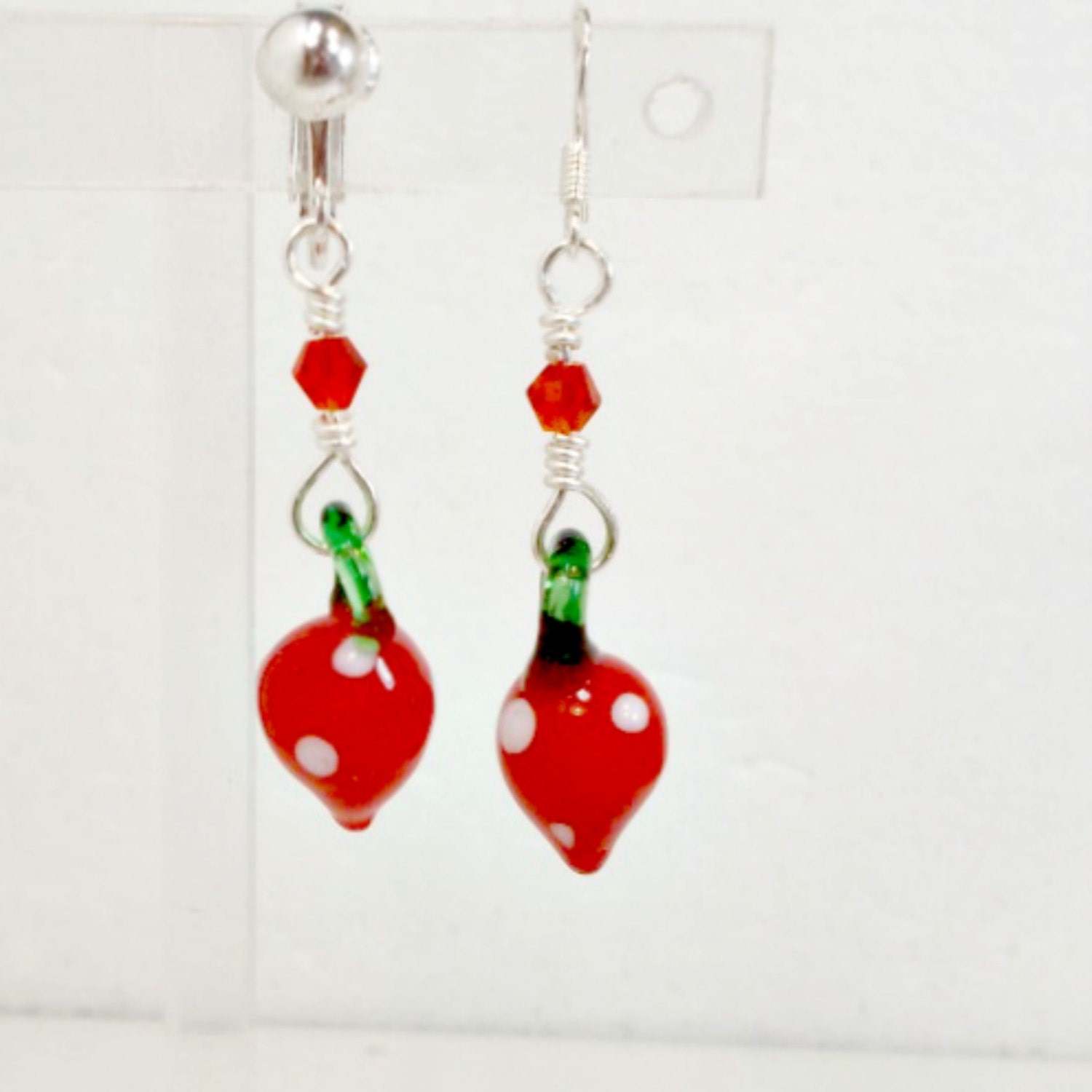 Earrings strawberry bead dangles glass clip or by RememberThis3