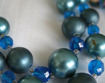 Vintage Blue Green Beaded Necklace and Earrings