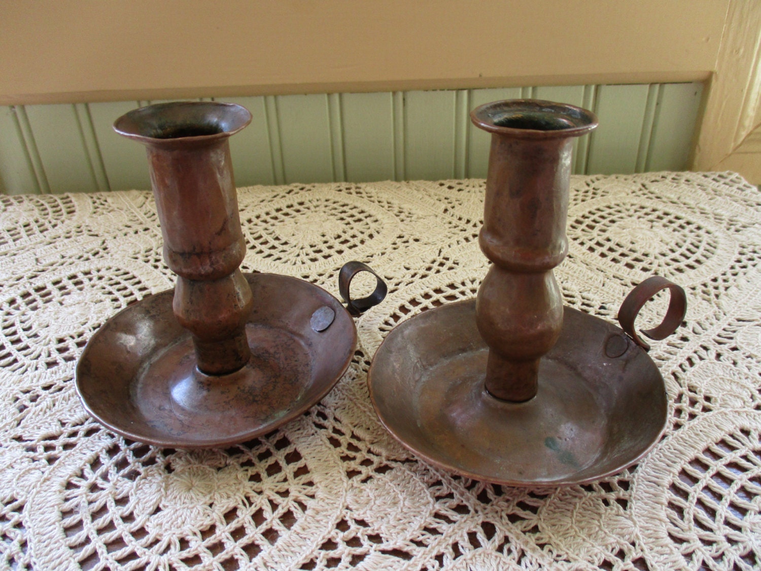 Vintage Handmade Copper Candle Holders Primitive Rustic Set of