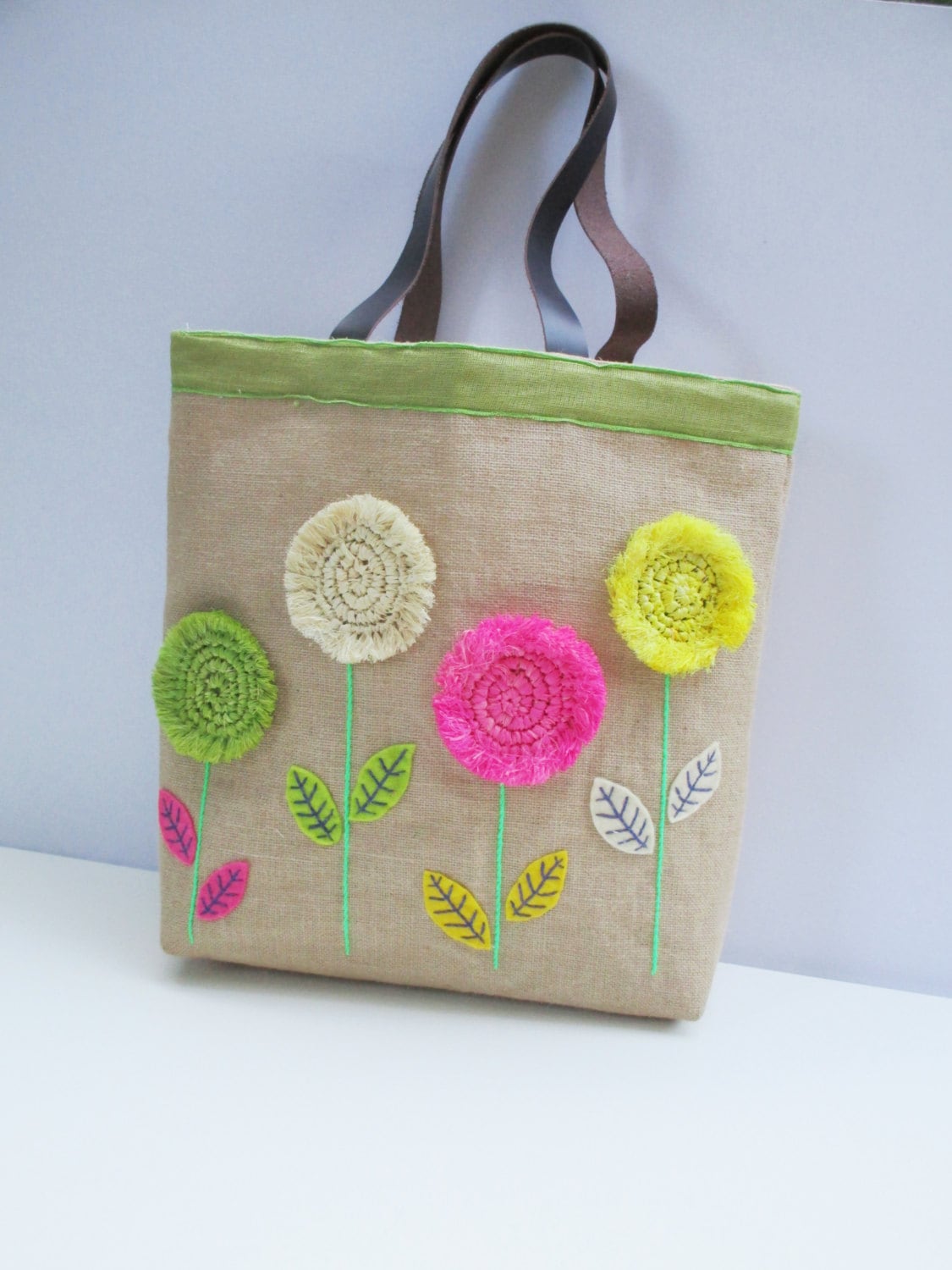 Straw flowers on jute tote bag handmade unique by Apopsis on Etsy
