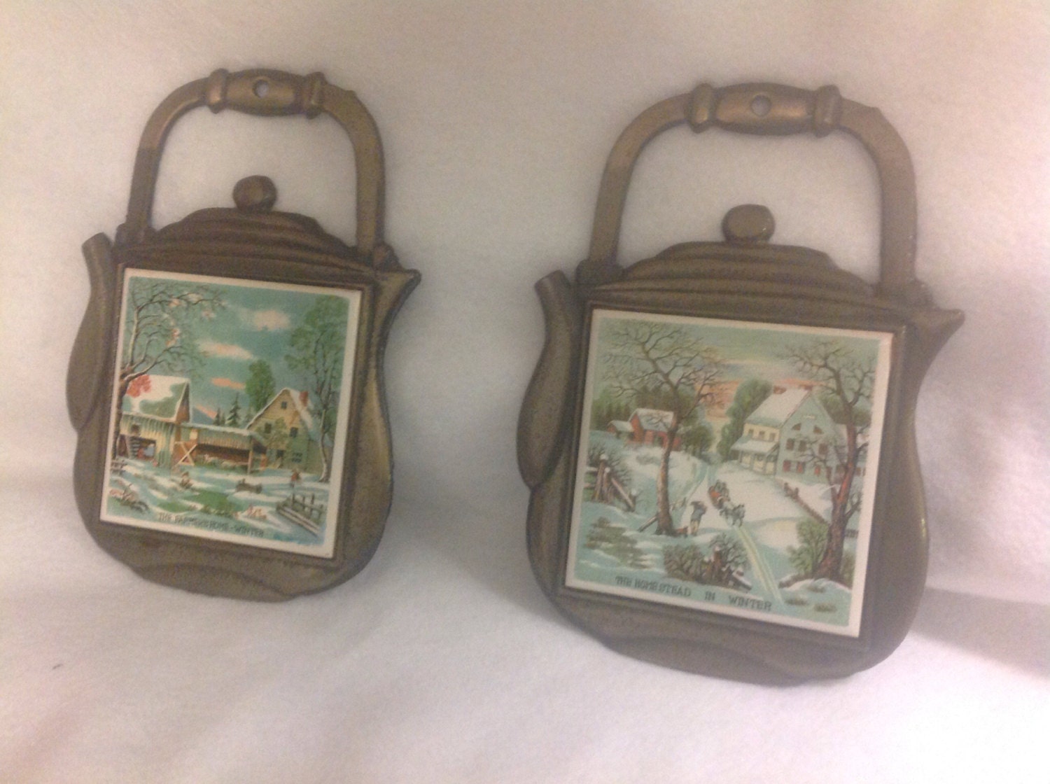Pair of Vintage Cast Iron Tile Tea Kettle Trivets Currier and Ives