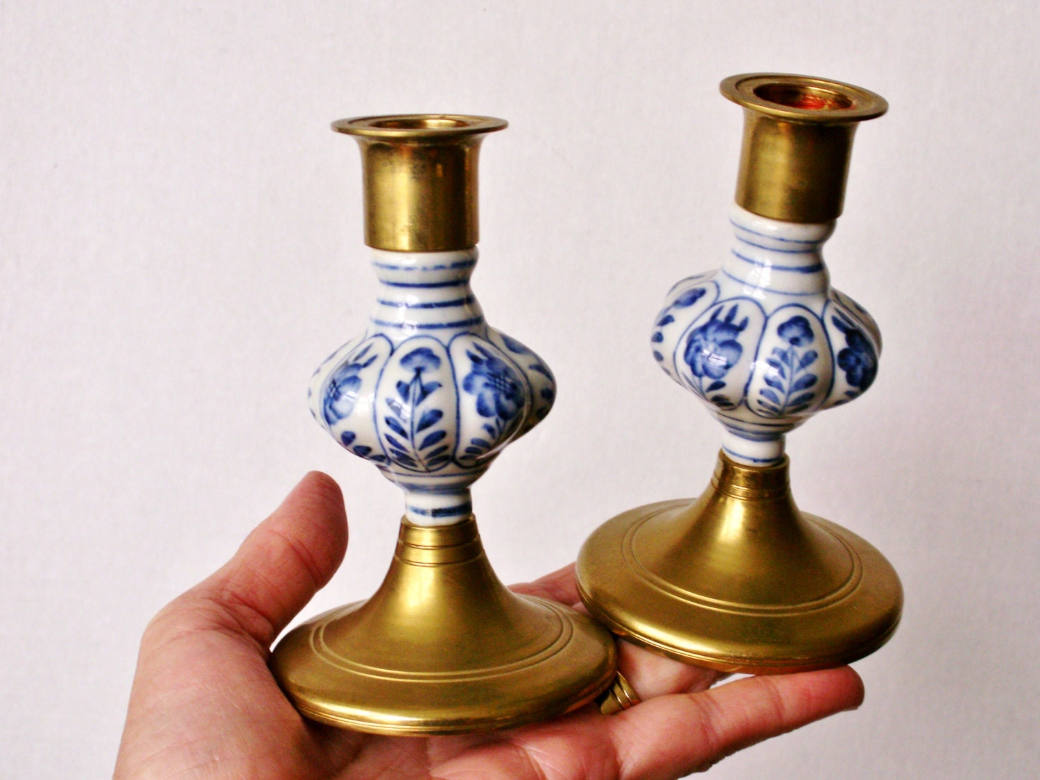 Vintage Blue and White Porcelain Brass Candle Holder Pair