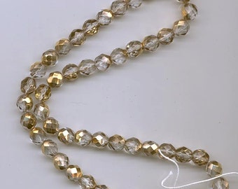 Two 8-inch strands (about 50 beads) 8 mm crystal/metallic gold firepolished Czech beads - lot 908