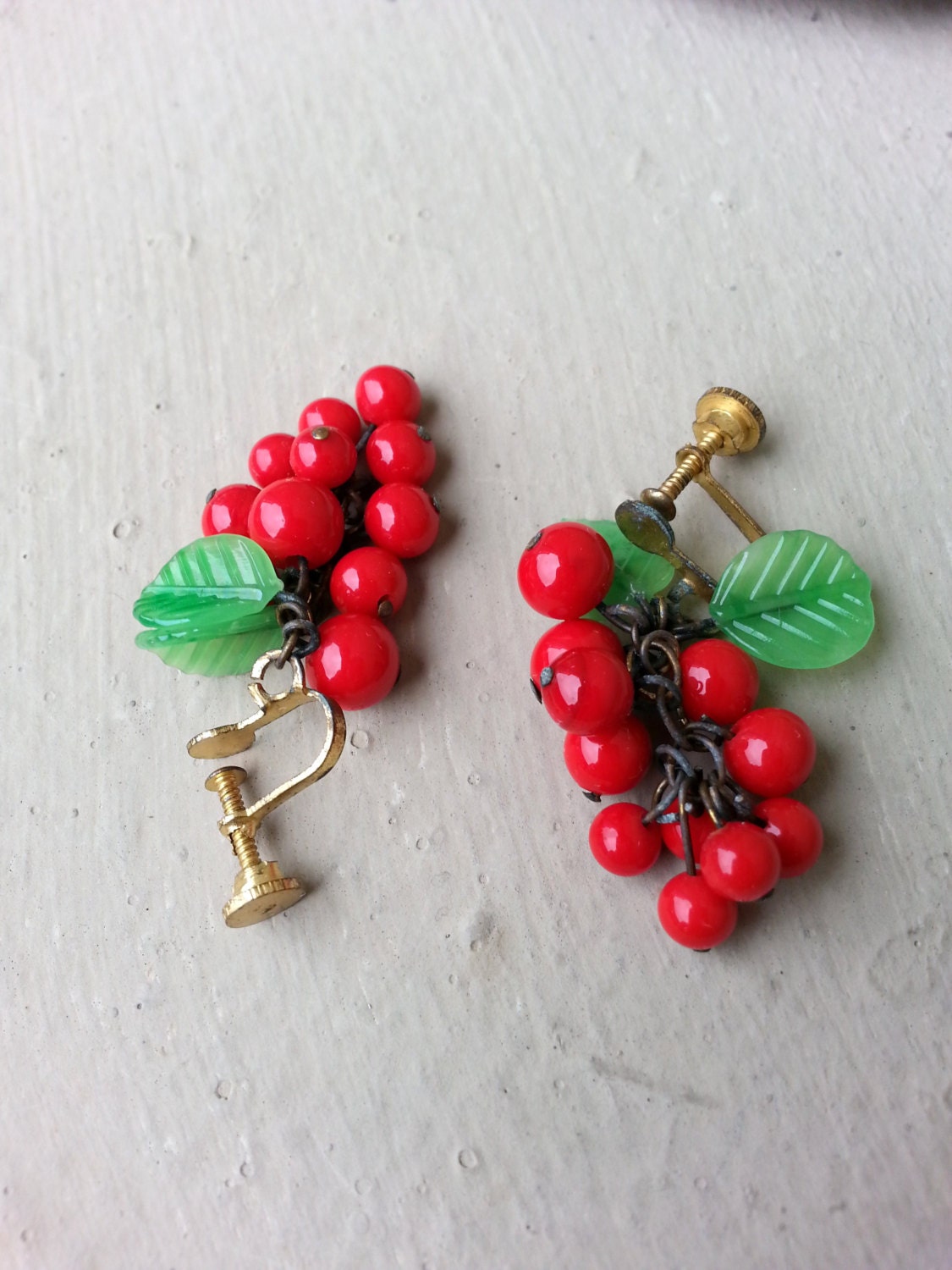 1940s Berry Fruit Salad Earrings Vintage Red Glass Green