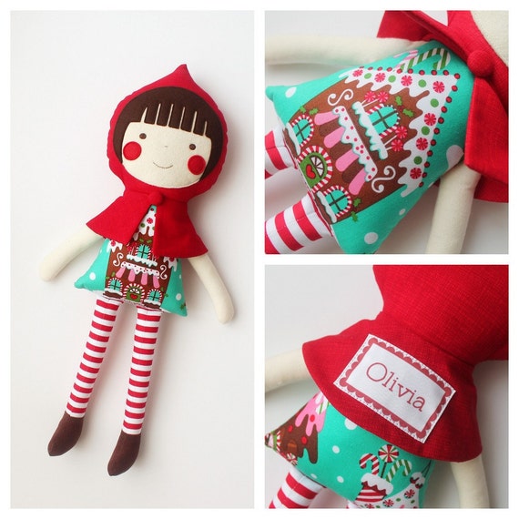 Candy cane red cherry doll. Personalized rag doll. by blita