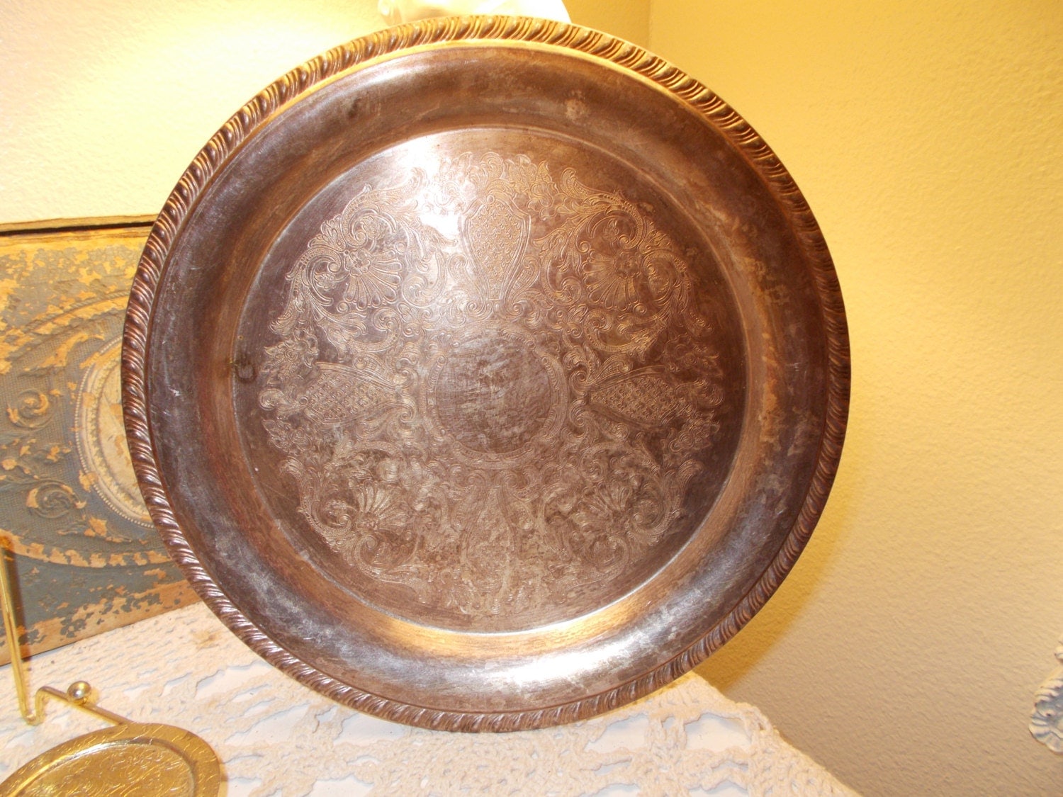 Vintage round ornate silver plate serving platter silverplate Haute Juice